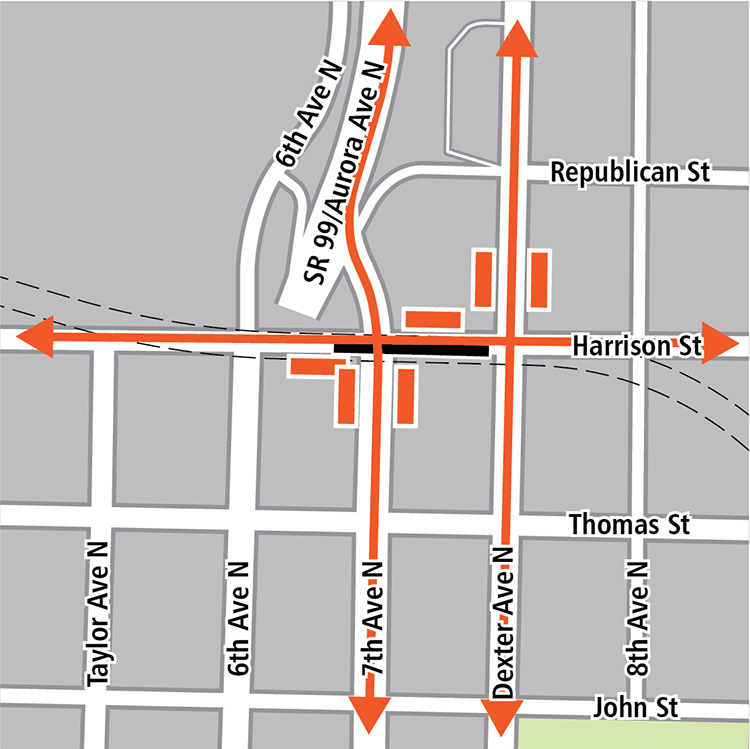 Map with boundaries of Republican Street to the north, John Street to the south, Eighth Avenue North to the east, and Taylor Avenue North to the west. Tunnel station is under Harrison Street between Sixth Avenue North and Dexter Avenue North. Bus stops are on the south side of Harrison Street and Seventh Avenue North, and the north corner of Harrison Street and Dexter Avenue North. Bus routes run on Harrison Street, Dexter Avenue North, and Seventh Avenue North.